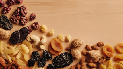 Assorted dried fruits and nuts on a light brown surface, arranged in a corner.