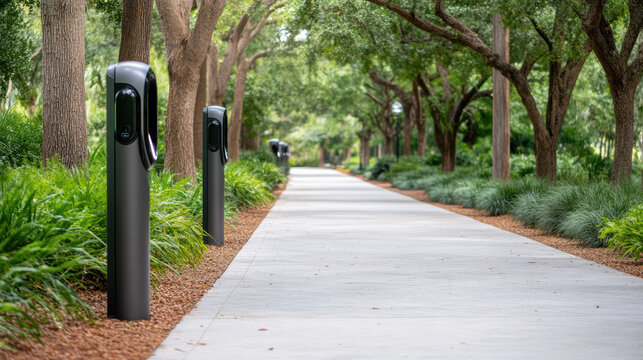 Charging stations line tree lined avenue, creating serene and eco friendly atmosphere