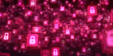 Abstract digital display of many floating pink square lock icons