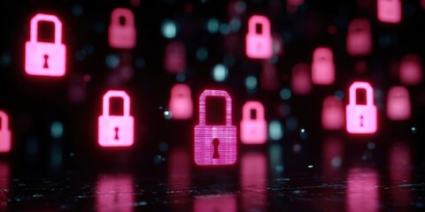 Abstract digital lock icons in a dark space