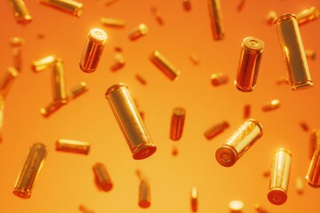 Golden bullet casings float in a vibrant orange background