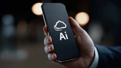 Smartphone displaying AI icon over a dark background.  Hand holding device