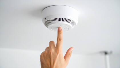Smoke detector ceiling hand finger safety test white indoor technology alert person pressing finger white smoke detector mounted ceiling, symbolizing safety and alertness modern indoor environment