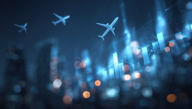 Abstract cityscape with airplanes and financial charts