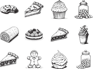 A Delightful Variety of Baked Goods: A pen-and-ink illustration that captures an array of sweet treats including, cookies, pie, cupcake, jelly beans and cake. A true embodiment of tasty temptation.