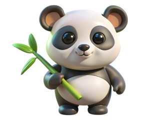Adorable cartoon baby panda holding a bamboo stalk
