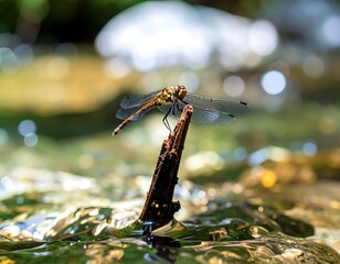 Close-up of dragonfly perched on a twig above rippling water