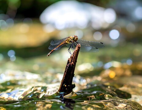 Close-up of dragonfly perched on a twig above rippling water
