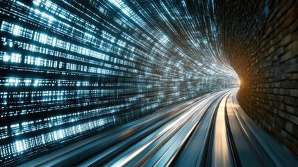 Fototapeta premium Futuristic tunnel with glowing data streams and curved tracks creates sense of speed and motion