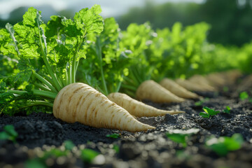 Bright parsnips stand upright in dark soil surrounded by green leaves, enjoying warm sunlight in a serene garden setting