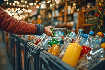 A person is sorting colorful plastic bottles for recycling in a lively market filled with string lights and various goods