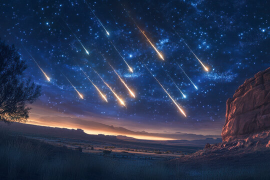 Streaks of light from a meteor shower cross the star-filled night sky over a serene desert landscape at dusk