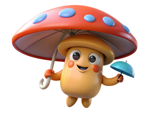 Cute cartoon mushroom character holding an umbrella and a smaller mushroom cap