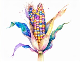 Obraz premium Vibrant Corn Cob with Colorful Kernels Watercolor Illustration Isolated on White Background