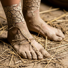Cracked dry earth clings to bare feet, symbolizing drought, hardship, and nature's raw power.