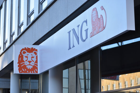 ING bank logo, signage, emblem on the facade of ING Bank Slaski. WARSAW, POLAND - DECEMBER 30, 2023