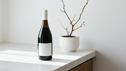 Realistic dark wine bottle with white label and cap on white countertop next to white pot with brown branches, soft natural lighting, minimalist