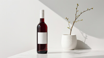 Realistic dark wine bottle with white label and cap on white countertop next to white pot with brown branches, soft natural lighting, minimalist