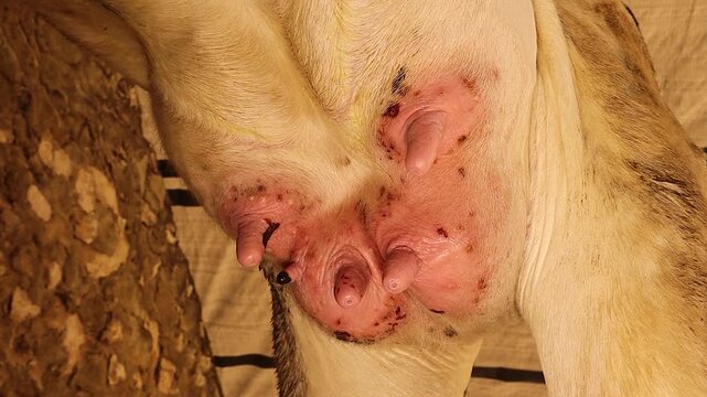 Close-up of cow udder allergy showing skin irritation and inflammation, an important veterinary reference for animal health, farm management, and livestock education, useful in medical contexts.