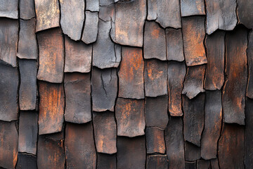 Close-up of a wall covered in dark wooden shingles showcasing unique textures and rich colors, evoking a sense of nature and craftsmanship