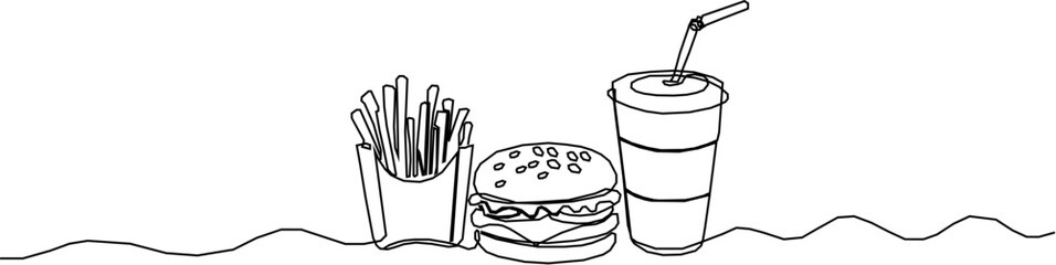 One line draw line. Fast food illustration.