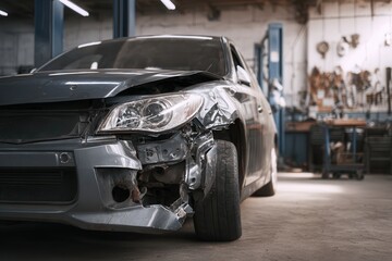 modern damaged sedan inside an auto body repair shop