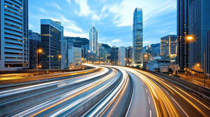 Modern city skyline with light trails weaving through urban landscape at dusk