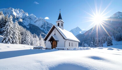 Snowy chapel in mountains