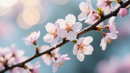 Obraz premium Photorealistic close-up of cherry blossom branches with dewy pale pink and white petals, brown stamens, slender dark branches, soft bokeh background with mixed cool and warm pastel light orbs
