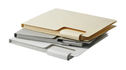 Stack of three manila and grey file folders with tabs and paper inserts on a white background documents
