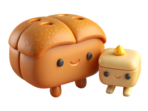 Cute cartoon bread and butter characters with happy faces