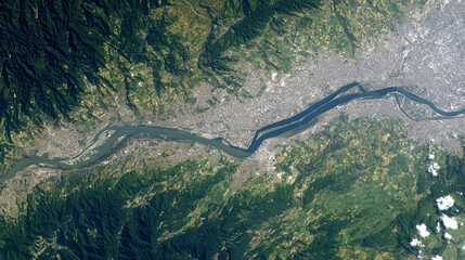 Aerial view of a city nestled in a river valley surrounded by lush green mountains