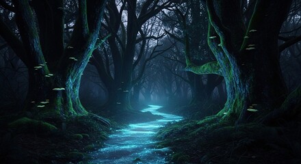 Enchanting Night Forest Path with Luminescent Stream