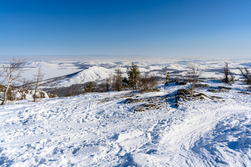Gorgeous landscape of the Ural Mountains on a sunny frosty winter day near the village of Abzakovo.