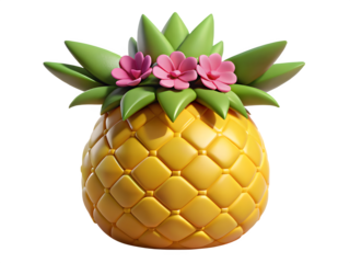 Stylized pineapple with pink flowers and green leaves on black background