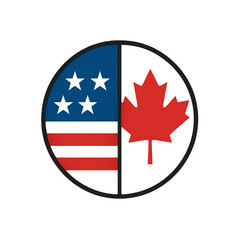 Obraz premium Circle divided in half showing american and canadian flags, isolated on transparent background 