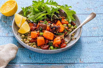 Warm roasted chorizo and sweet potato salad