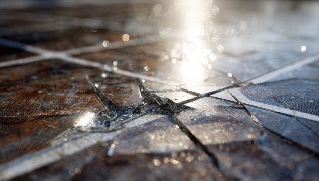 Broken glass on a tiled surface