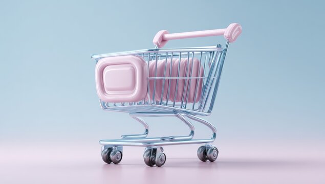 A miniature shopping cart filled with pastel pink objects on a pastel background
