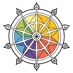 Vector art of a colorful dharma wheel illustration, featuring a vibrant rainbow spectrum and intricate design, perfect for buddhistthemed artwork and spiritual concepts