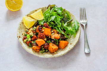 Warm roasted chorizo and sweet potato salad