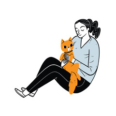 Obraz premium Young woman sitting on the floor and lovingly cuddling her cute ginger cat, showing a strong bond and affection.