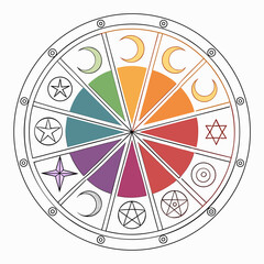 Obraz premium Vector art of wheel of the year, a pagan symbol representing the annual cycle of seasons and festivals, divided into segments with astrological and seasonal symbols