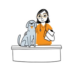 Professional female veterinarian with a stethoscope examining a calm dog during a medical check-up at the clinic.