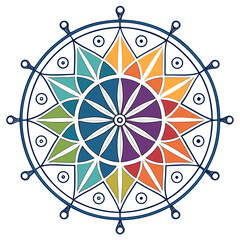 Vector art of vibrant compass rose illustration, featuring colorful geometric shapes and nautical elements, perfect for travel enthusiasts and adventure seekers