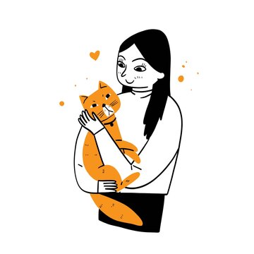 Adorable illustration of a woman holding her beloved cat close to her chest, surrounded by love hearts.