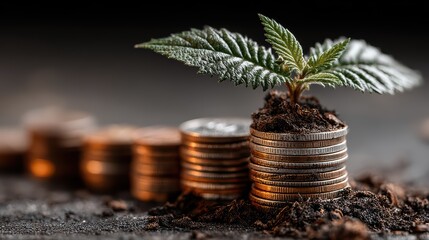 Vibrant Small Plant Sprouting on a Mound of Golden Coins Boosting Innovation and Growth.
