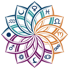 Vector art of a vibrant mandala design featuring astrological symbols arranged in a circular pattern, the design incorporates various colors, creating a visually appealing and intricate artwork