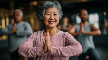 Obraz premium A woman is smiling and doing yoga poses in a gym. She is surrounded by other people who are also doing yoga poses. Scene is positive and energetic, as everyone is enjoying their workout