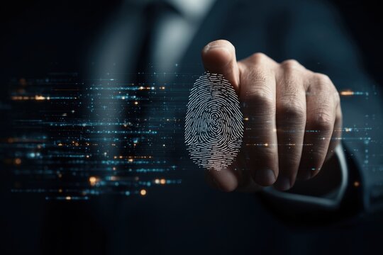 Businessman's finger hovering over a projected fingerprint overlay